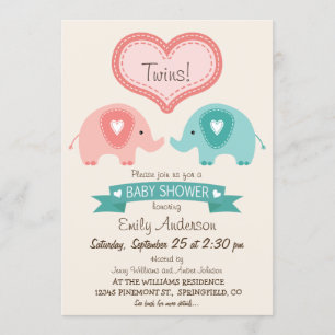 Boy & Girl Twin Pink & Teal Elephants Baby Shower Invitation