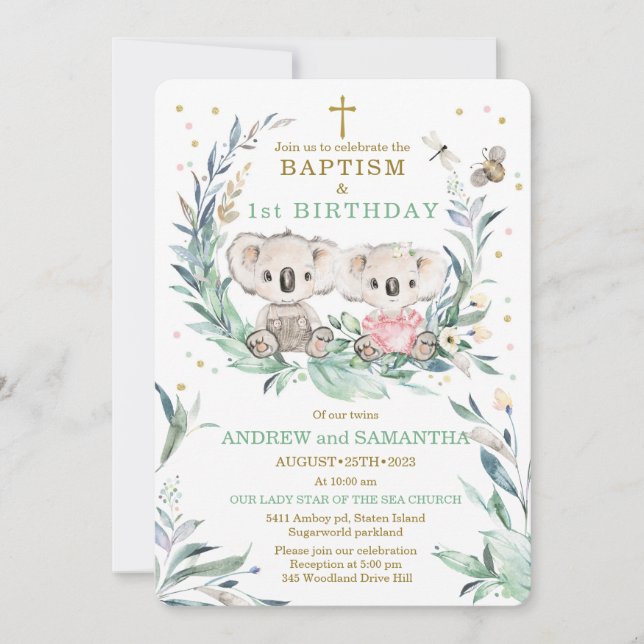  Boy Girl Twins Baptism and Birthday Invitation (Front)