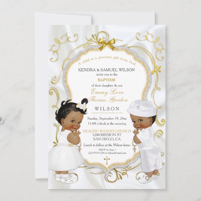 Boy & Girl Twins Baptism Christening Ethnic Invitation (Front)
