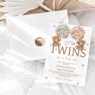 Boy Girl Twins Bear Balloons Rustic Baby Shower Invitation
