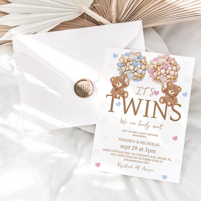 Boy Girl Twins Bear Balloons Rustic Baby Shower  Invitation (Creator Uploaded)