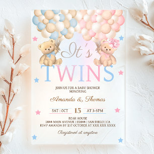 Boy Girl Twins Bear With Balloons Baby Shower Acrylic Invitations