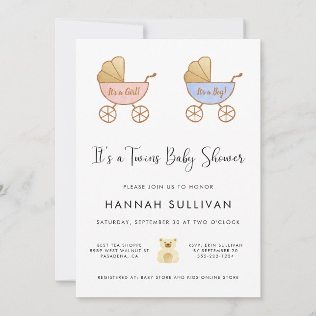 Boy & Girl Twins Carriage Watercolor Shower Invitation (Front)