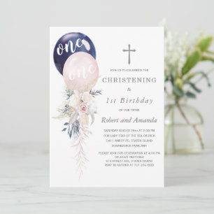 Boy Girl Twins Christening and First Birthday Invitation