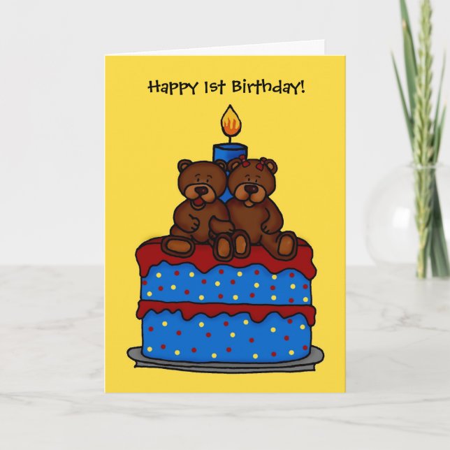 boy-girl twins on 1st birthday cake card (Front)