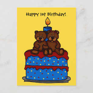 boy-girl twins on 1st birthday cake postcard