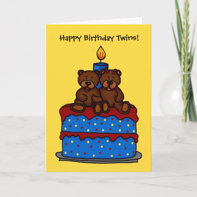 boy-girl twins on birthday cake card (Front)