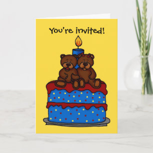 boy-girl twins on birthday cake invitation card