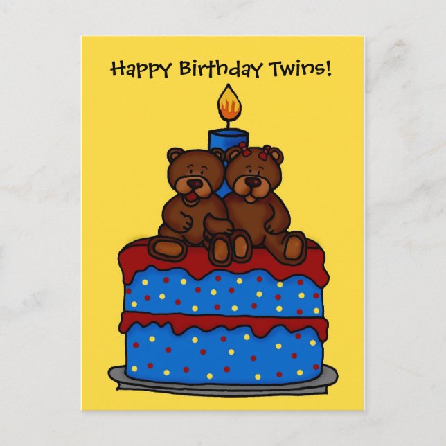 boy-girl twins on birthday cake postcard (Front)
