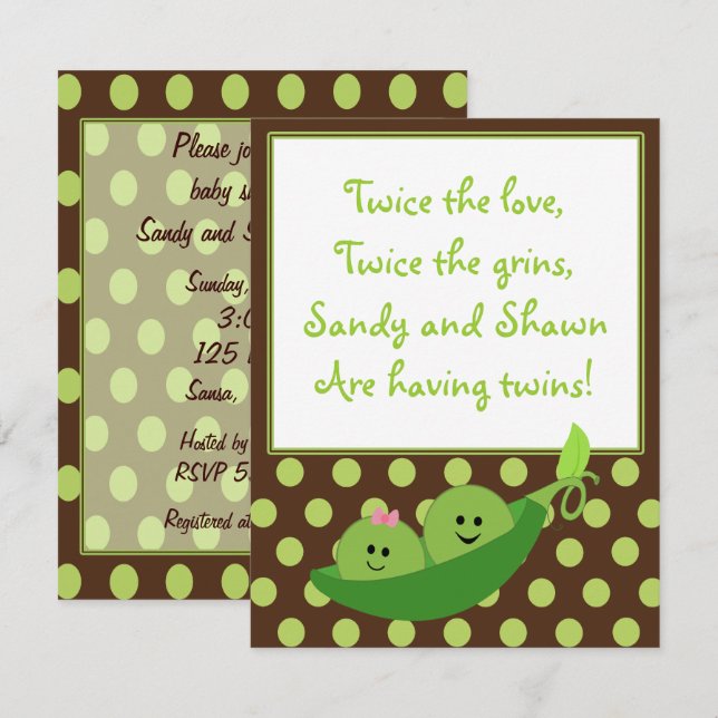 Boy Girl Twins Pea in a Pod Baby Shower Invitation (Front/Back)
