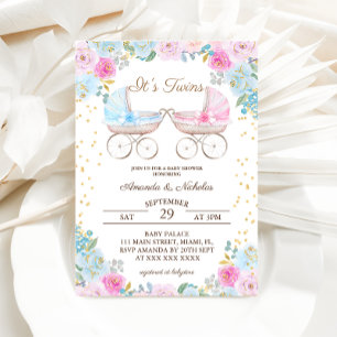 Boy Girl Twins Pink Blue Stroller Baby Shower Invitation