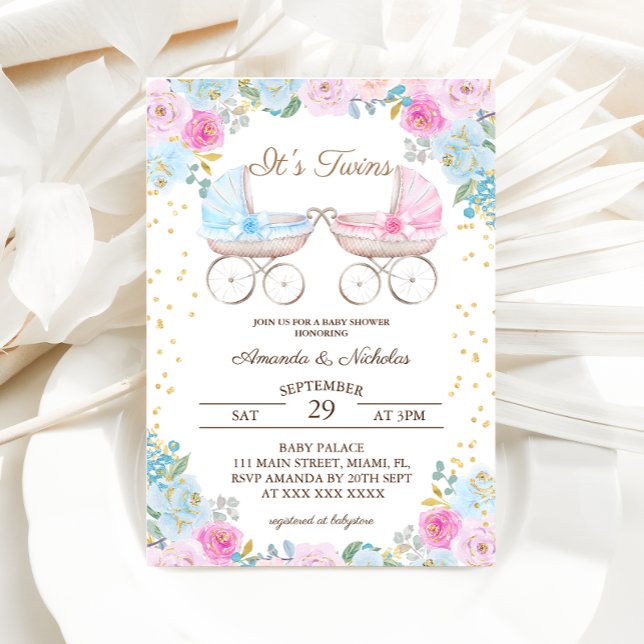 Boy Girl Twins Pink Blue Stroller Baby Shower  Invitation (Creator Uploaded)