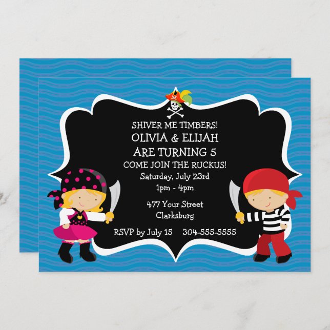 Boy Girl Twins Pirate Birthday Party Invitation (Front/Back)