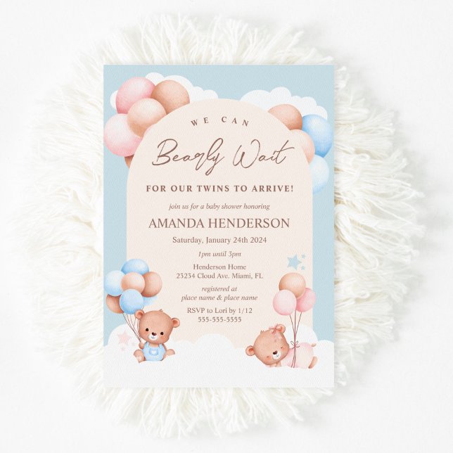 Boy Girl Twins Teddy Bear Baby Shower Invitation (Creator Uploaded)