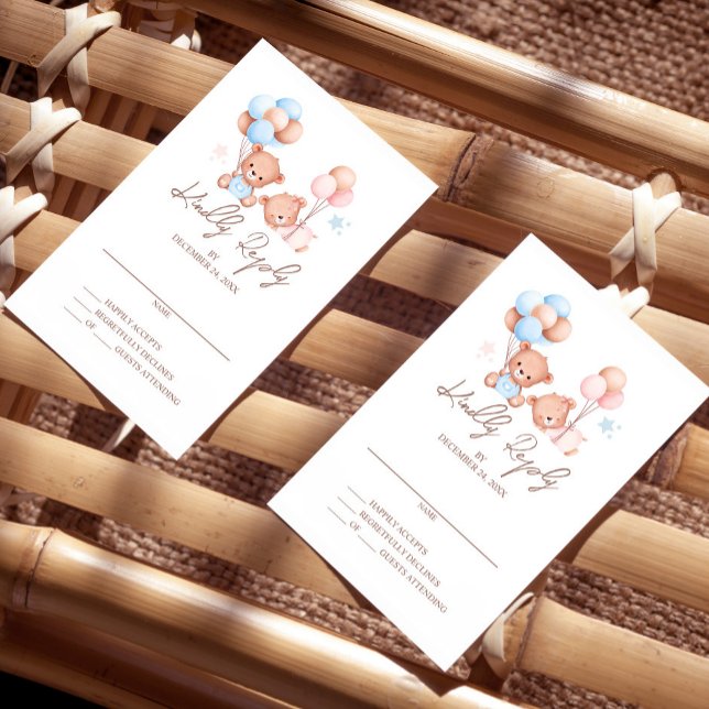 Boy Girl Twins Teddy Bear Baby Shower RSVP Card (Creator Uploaded)