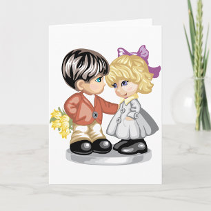 Boy Giving A Girl Flowers Greeting Cards
