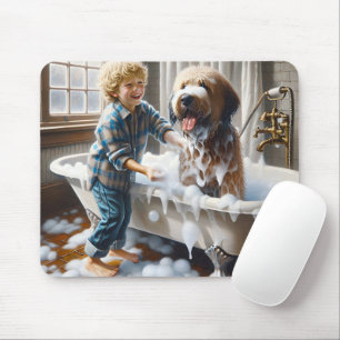 Boy Giving His Shaggy Dog A Bath Mouse Pad