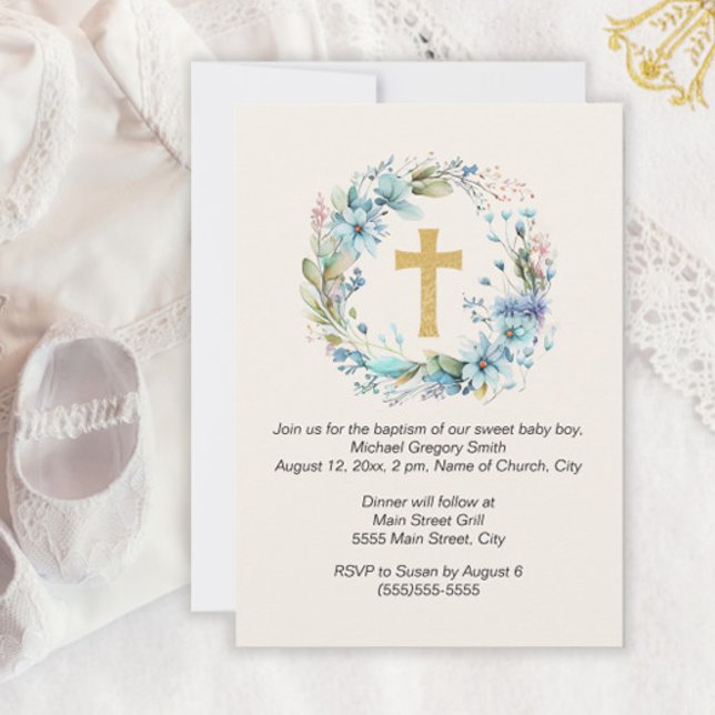 Boy Gold Cross Blue Floral Religious Baptism  Invitation (Creator Uploaded)