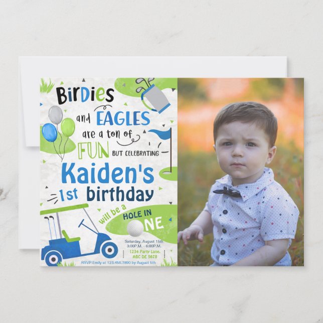 Boy Golf 1st Birthday Photo Invitation (Front)