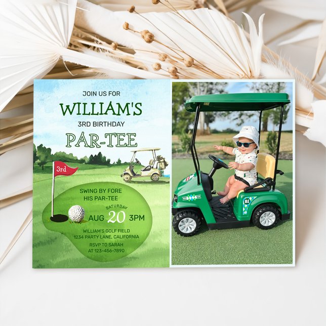 Boy Golf Theme 3rd Birthday Par-Tee Photo Invitation (Creator Uploaded)