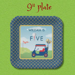 Boy Golf Theme 5th Birthday Party  Paper Plate<br><div class="desc">You will so enjoy this charming and unique paper plate - with that wonderful golf cart and gold and blue balloons.  Easy to personalise. We have coordinating matching items,  please check our matching collection of our shop. Any questions just send a chat and we'll be delighted to assist.</div>