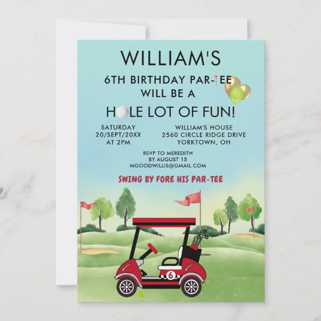 Boy Golf Theme 6th Birthday Par-Tee Invitation (Front)