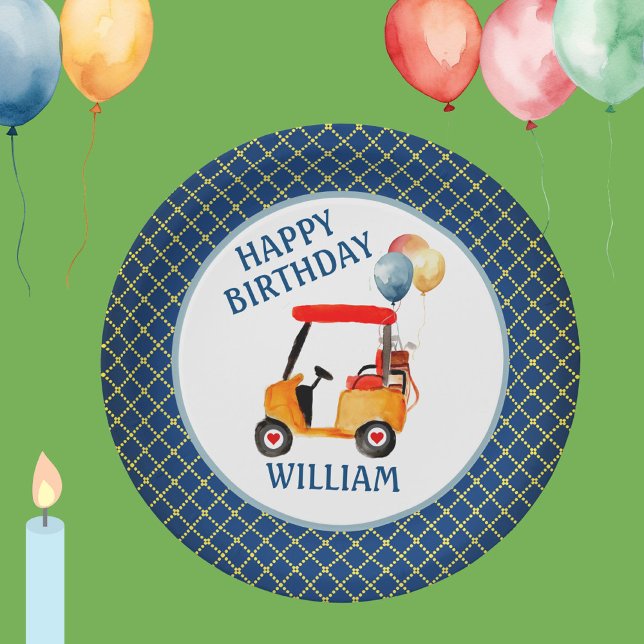 Boy Golf Theme Blue Red Yellow Personalised   Paper Plate (Creator Uploaded)