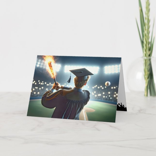 Boy Graduate Swinging a Flaming Baseball Bat Card (Front)