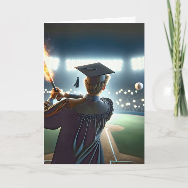 Boy Graduate Swinging a Flaming Baseball Bat Card (Front)