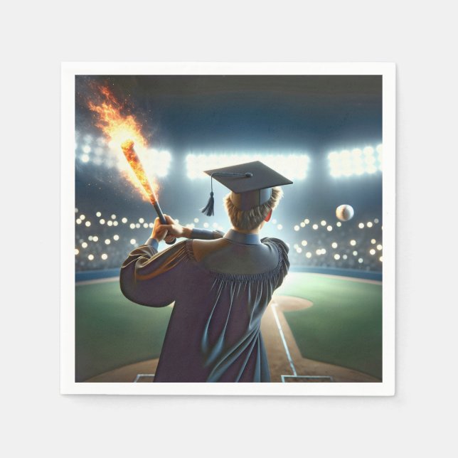 Boy Graduate Swinging a Flaming Baseball Bat Napkin (Front)