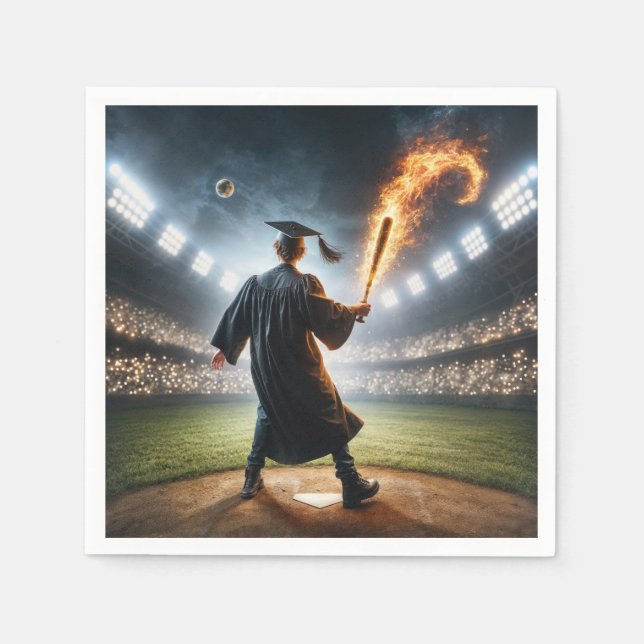 Boy Graduate Swinging a Flaming Baseball Bat Napkin (Front)