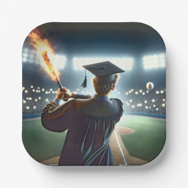 Boy Graduate Swinging a Flaming Baseball Bat Paper Plate (Front)