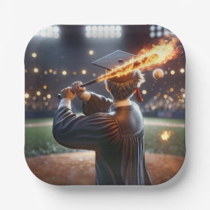 Boy Graduate Swinging a Flaming Baseball Bat Paper Plate