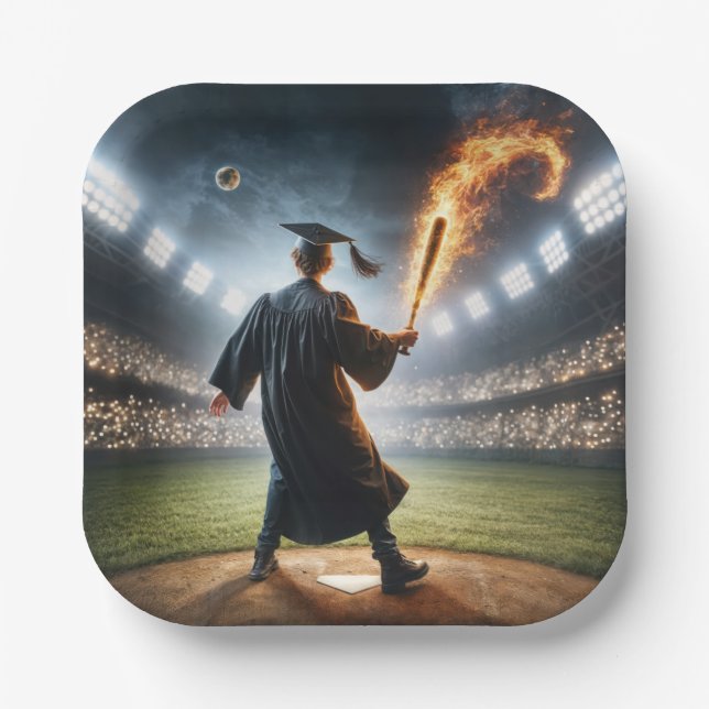 Boy Graduate Swinging a Flaming Baseball Bat Paper Plate (Front)