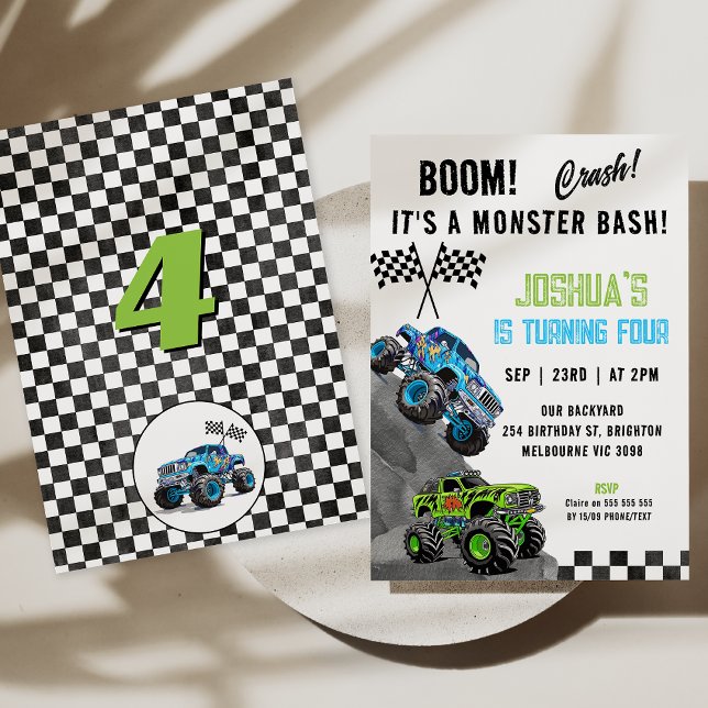 Boy Green Blue Fluorescent Monster Truck Birthday  Invitation (Boys Monster Truck Monster Bash Birthday Invitation, Monster Bash Invitation Card, Boom Invitation)
