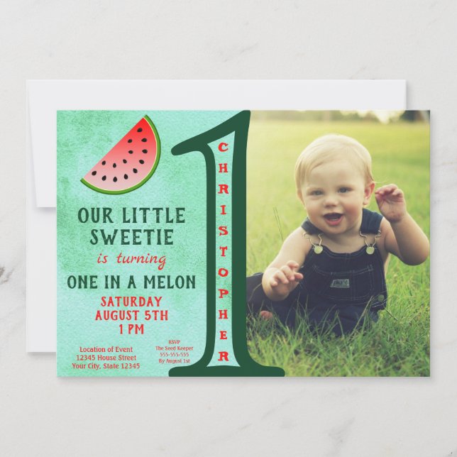 Boy Green One In A Melon 1st Birthday Photo Invitation (Front)