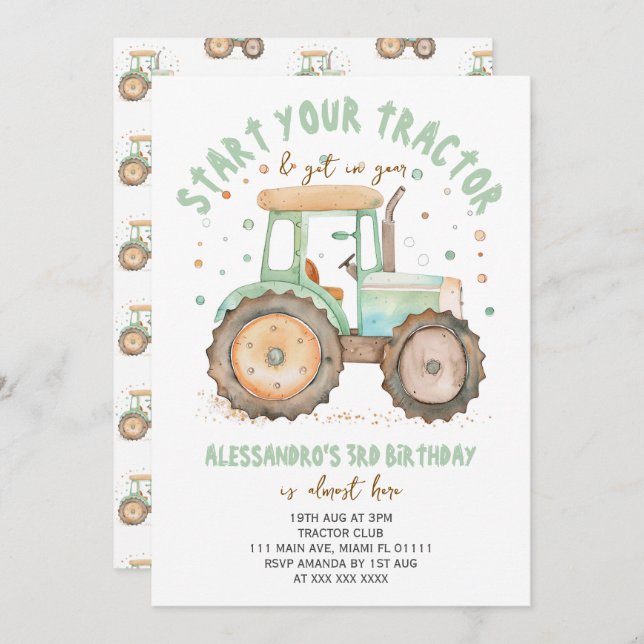 Boy Green Tractor 3rd Birthday  Invitation (Front/Back)