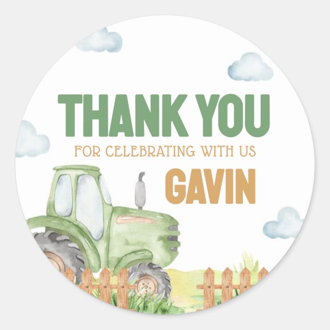 Boy Green Tractor Birthday Party  Classic Round Sticker (Front)
