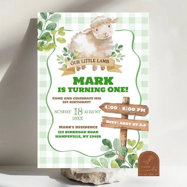 Boy Greenery Lamb First Birthday Invitation (Creator Uploaded)
