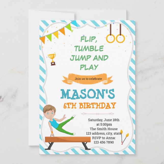 Boy gymnastic party invitation (Front)