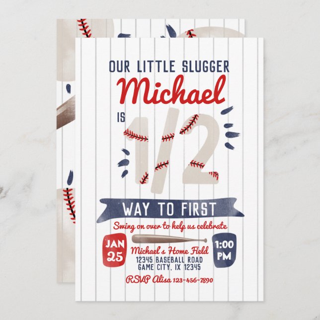 Boy Half Birthday Baseball Party Invitation (Front/Back)