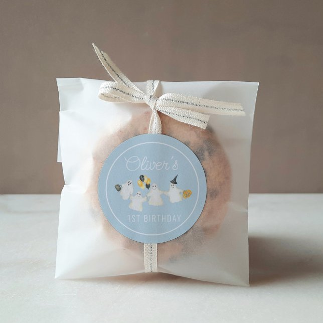 Boy Halloween Ghost Birthday Party Classic Round Sticker (Creator Uploaded)