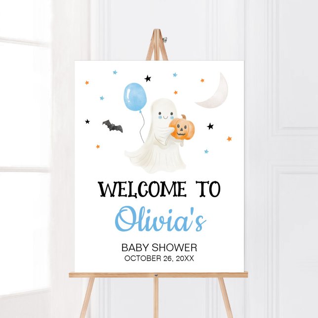 Boy Halloween Little Boo Baby Shower Welcome Poster (A Little Boo Baby Shower Welcome Sign)