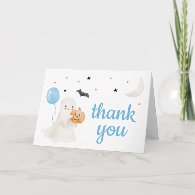 Boy Halloween Little Boo is Almost Due Baby Shower Thank You Card (Front)