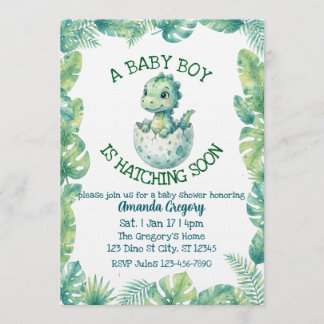 Boy Hatching Soon, Green Dino Baby Shower Invitation