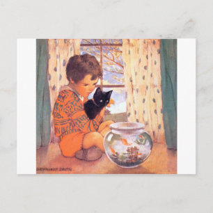 Boy holding a Black cat, Jessie Willcox Smith Postcard