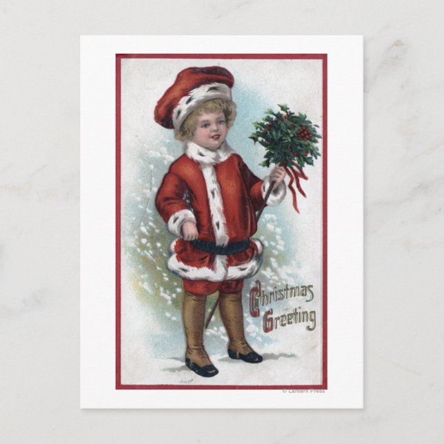 Boy Holding a Bushel of Holly Postcard (Front)