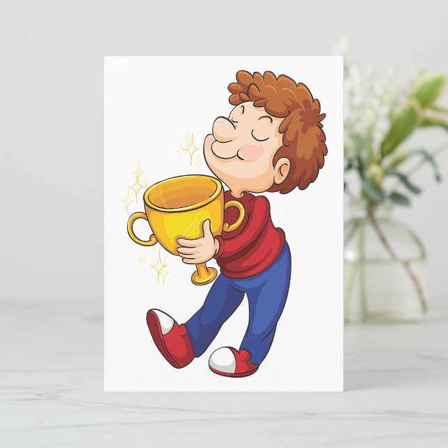 Boy Holding Golden Trophy Award Winner Invitation (Creator Uploaded)