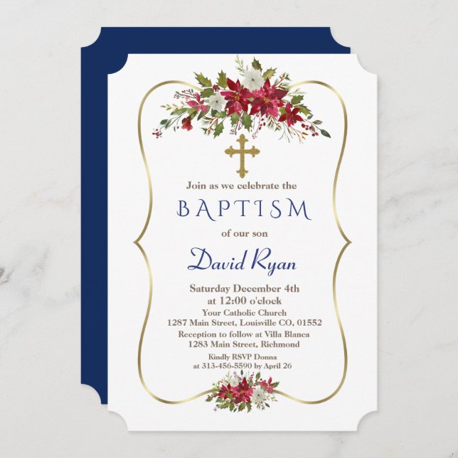 Boy Holiday Christmas Red White Poinsettia Baptism Invitation (Front/Back)