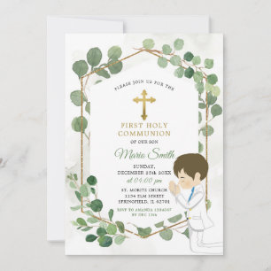 Boy Holy Communion Minimalist Greenery Gold Invitation